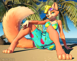 Size: 1250x1000 | Tagged: safe, artist:taurika, audie (animal crossing), canine, mammal, wolf, anthro, digitigrade anthro, animal crossing, animal crossing: new horizons, nintendo, 2022, beach, black nose, breasts, clothes, digital art, dress, ears, eyelashes, female, fur, glasses, glasses on head, hair, looking at you, muumuu, ocean, palm tree, plant, pose, solo, solo female, sunglasses, sunglasses on head, tail, thighs, tree, water, wide hips