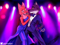 Size: 2048x1535 | Tagged: safe, artist:moucemen, diane foxington (the bad guys), mr. wolf (the bad guys), canine, fox, mammal, wolf, anthro, dreamworks animation, the bad guys, 2022, bedroom eyes, dancing, duo, female, jewelry, looking at each other, male, necklace, open mouth, open smile, romantic, romantic couple, smiling, thief, vixen