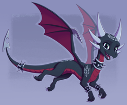 Size: 1446x1198 | Tagged: safe, artist:laser-fire, cynder the dragon (spyro), dragon, fictional species, western dragon, feral, spyro the dragon (series), the legend of spyro, 2022, 2d, abstract background, activision, collar, cute, dragoness, featured image, female, flying, happy, horns, open mouth, solo, solo female, wings
