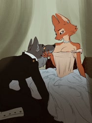 Size: 1024x1366 | Tagged: safe, artist:firmtofu1, diane foxington (the bad guys), mr. wolf (the bad guys), canine, fox, mammal, wolf, anthro, dreamworks animation, the bad guys, bedroom eyes, big breasts, breastfeeding, breasts, cleavage, duo, ear piercing, female, jewelry, looking at each other, male, necklace, piercing, romantic, romantic couple, sitting, suckling, vixen