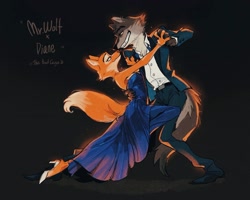 Size: 2027x1621 | Tagged: safe, artist:juanmao1997, diane foxington (the bad guys), mr. wolf (the bad guys), canine, fox, mammal, wolf, anthro, dreamworks animation, the bad guys, 2022, bedroom eyes, clothes, dancing, duo, female, high heels, looking at each other, male, romantic, romantic couple, shoes, smiling, vixen