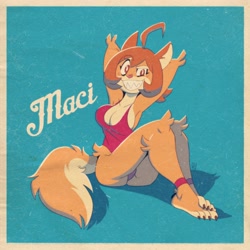 Size: 4000x4000 | Tagged: safe, artist:fox-popvli, oc, oc only, oc:maci (ceehaz), canine, dog, mammal, pomeranian, anthro, 2022, arms behind head, barefoot, big breasts, big butt, breasts, butt, claws, cleavage, clothes, dog knight rpg, feet, female, grin, looking at you, one-piece swimsuit, rubbing feet, sharp teeth, sitting, smiling, smiling at you, solo, solo female, swimsuit, teeth, thick thighs, thighs, toe claws, toes, wide hips