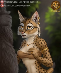 Size: 1636x1962 | Tagged: safe, artist:vestina, oc, feline, lynx, mammal, anthro, 2022, 4 fingers, all fours, arm jewelry, black body, black fur, blurred background, bra, bracelet, breasts, claws, clothes, detailed, duo, ear fluff, ear piercing, earring, eyelashes, felidae, female, fingers, fluff, forest, forest background, fur, gem, gold (metal), gray body, gray fur, hand on breast, high res, humanoid hands, jewelry, looking at another, looking up, male, male/female, multicolored body, multicolored fur, multicolored tail, nature, nature background, neck tuft, necklace, nudity, open mouth, orange body, orange eyes, orange fur, partial nudity, piercing, pink nose, plant, ring, signature, simple background, smiling, spots, spotted body, spotted fur, tail, teeth, text, tongue, tree, two toned body, two toned fur, two toned tail, underwear, whiskers, white body, white fur