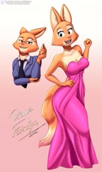 Size: 1218x2048 | Tagged: safe, artist:nexcoyotlgt, diane foxington (the bad guys), canine, fox, mammal, anthro, dreamworks animation, the bad guys, 2022, bedroom eyes, big breasts, breasts, cleavage, clothes, digital art, dress, ears, eyelashes, female, fur, glasses, hand on hip, jewelry, looking at you, necklace, necktie, open mouth, open smile, pink nose, pose, ring, sharp teeth, simple background, smiling, smiling at you, suit, tail, teeth, thighs, tongue, vixen, wide hips