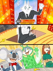 Size: 1304x1739 | Tagged: safe, artist:kame, buster moon (sing), jimmy crystal (sing), porsha crystal (sing), suki lane (sing), alien, canine, dog, fictional species, koala, mammal, marsupial, saluki, wolf, anthro, illumination entertainment, sing (film), 2022, bedroom eyes, clothes, costume, eject, female, glasses, group, japanese, laughing, male, round glasses, smiling, tears of laughter
