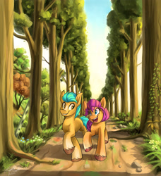 Size: 2828x3097 | Tagged: safe, artist:kaylerustone, hitch trailblazer (mlp), sunny starscout (mlp), earth pony, equine, fictional species, mammal, pony, feral, hasbro, my little pony, my little pony g5, spoiler:my little pony g5, 2022, background, duo, female, high res, looking at each other, looking at someone, male, mare, open mouth, plant, rock, scenery, smiling, stallion, sunset, tree, walking