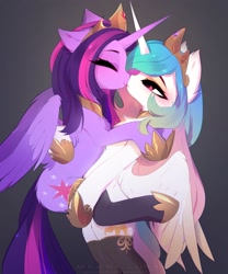 Size: 2497x3000 | Tagged: safe, artist:magnaluna, princess celestia (mlp), twilight sparkle (mlp), alicorn, equine, fictional species, mammal, pony, feral, friendship is magic, hasbro, my little pony, 2022, boop, clothes, crown, eyes closed, feathered wings, feathers, female, female/female, feral/feral, gradient background, headwear, high res, holding, holding a pony, hoof shoes, horn, hug, jewelry, legwear, noseboop, regalia, shipping, simple background, stockings, tail, thigh highs, twilestia (mlp), wings