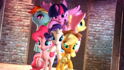 Size: 1476x830 | Tagged: safe, artist:nikosourcepone, applejack (mlp), fluttershy (mlp), pinkie pie (mlp), rainbow dash (mlp), rarity (mlp), twilight sparkle (mlp), earth pony, equine, fictional species, mammal, pegasus, pony, unicorn, feral, friendship is magic, hasbro, my little pony, 2022, 3d, digital art, eyelashes, feathered wings, feathers, female, females only, group, horn, mane six (mlp), mare, source filmmaker, tail, wings