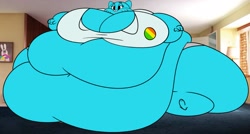 Size: 2279x1218 | Tagged: suggestive, artist:milk-knight, nicole watterson (tawog), cat, feline, mammal, anthro, cartoon network, the amazing world of gumball, fat, female, hyper, immobile, morbidly obese, weight gain