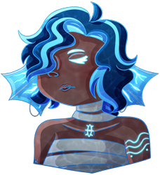 Size: 1823x2001 | Tagged: safe, artist:postcretaceous, oc, oc only, oc:citnalta, animal humanoid, fictional species, fish, hybrid, mammal, mermaid, undead, zombie, humanoid, bust, ear piercing, earring, eyes closed, female, glowing, glowing ears, piercing, simple background, solo, solo female, transparent background