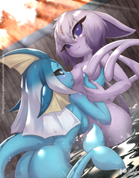 Size: 961x1230 | Tagged: suggestive, artist:rilexlenov, eeveelution, espeon, fictional species, mammal, vaporeon, anthro, nintendo, pokémon, 2022, anthro/anthro, breasts, butt, duo, duo female, ear fluff, female, female/female, females only, fluff, hair, pink hair, tail, thighs