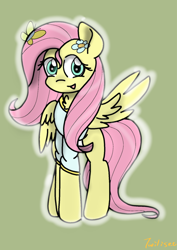 Size: 1122x1588 | Tagged: safe, artist:twiliset, fluttershy (mlp), arthropod, butterfly, equine, fictional species, insect, mammal, pegasus, pony, feral, friendship is magic, hasbro, my little pony, 2022, clothes, cute, feathered wings, feathers, flower, hair, looking at you, mane, pink hair, pink mane, pink tail, plant, simple background, smiling, smiling at you, spread wings, tail, wings, yellow body