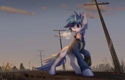 Size: 4600x2953 | Tagged: safe, artist:mithriss, oc, oc only, equine, fictional species, mammal, pony, unicorn, feral, fallout equestria, fallout, friendship is magic, hasbro, my little pony, 2022, blue hair, blue mane, clothes, curved horn, female, hair, high res, horn, jumpsuit, mane, pipbuck, power line, road, solo, solo female, tail, vault suit, white body