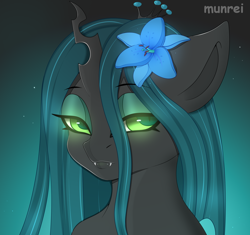Size: 1686x1583 | Tagged: safe, artist:munrei, queen chrysalis (mlp), arthropod, changeling, changeling queen, equine, fictional species, feral, friendship is magic, hasbro, my little pony, 2022, bust, canterlot wedding 10th anniversary, fangs, female, flower, flower in hair, glowing, glowing eyes, green eyes, hair, hair accessory, horn, jagged horn, plant, portrait, sharp teeth, simple background, solo, solo female, teeth