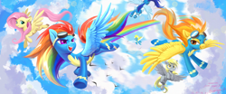 Size: 3840x1600 | Tagged: safe, artist:paipaishuaige, derpy hooves (mlp), fluttershy (mlp), rainbow dash (mlp), soarin' (mlp), spitfire (mlp), equine, fictional species, mammal, pegasus, pony, feral, friendship is magic, hasbro, my little pony, 2022, clothes, cloud, feathered wings, feathers, female, flying, goggles, group, high res, mare, sky, smiling, surprise, tail, uniform, wings, wonderbolts uniform