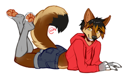 Size: 666x401 | Tagged: safe, artist:kaitycuddle, canine, mammal, anthro, amber eyes, bottomwear, brown body, brown fur, clothes, crossdressing, ears, femboy, fur, hoodie, lying down, male, midriff, pants, paw pads, paws, shorts, signature, simple background, solo, solo male, tail, topwear, underpaw, white background