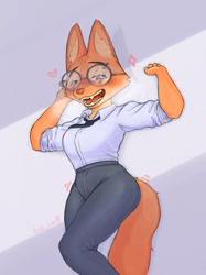 Size: 1186x1585 | Tagged: safe, artist:odd_lee0, diane foxington (the bad guys), canine, fox, mammal, anthro, dreamworks animation, the bad guys, big breasts, blushing, breasts, female, glasses, open mouth, round glasses, solo, solo female, thick thighs, thighs, vixen, wide hips