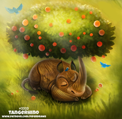 Size: 800x780 | Tagged: safe, artist:cryptid-creations, bird, fictional species, flora fauna, mammal, rhino, feral, 2019, 2d, ambiguous gender, eyes closed, food, fruit, plant, pun, sleeping, solo, solo ambiguous, tangerine, tree, ungulate, visual pun