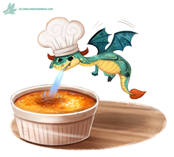 Size: 860x778 | Tagged: safe, artist:cryptid-creations, dragon, fictional species, western dragon, feral, 2016, 2d, ambiguous gender, chef's hat, clothes, crème brûlée, fire, fire breathing, hat, headwear, simple background, solo, solo ambiguous, white background