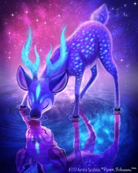 Size: 800x1000 | Tagged: safe, artist:cryptid-creations, cervid, deer, mammal, feral, 2021, 2d, antlers, aurora borealis, blue body, blue fur, drinking, eyes closed, fur, glowing, male, night, night sky, reflection, sky, solo, solo male, starry night, stars, ungulate, water