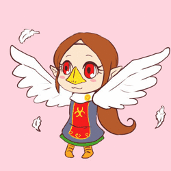 Size: 400x400 | Tagged: safe, artist:ちんもぐら, medli (zelda), bird, fictional species, rito, humanoid, nintendo, the legend of zelda, the legend of zelda: the wind waker, 1:1, 2016, 2d, 2d animation, animated, cute, feathers, female, flying, front view, gif, low res, pink background, pixiv, simple background, solo, solo female, three-quarter view