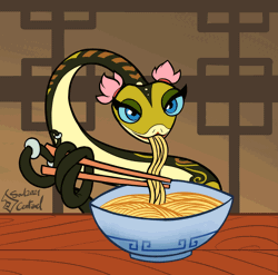 Size: 2107x2079 | Tagged: safe, artist:soulcentinel, master viper (kung fu panda), reptile, snake, viper, feral, dreamworks animation, kung fu panda, 2021, 2d, 2d animation, animated, bowl, container, eating, female, food, gif, noodles, one eye closed, solo, solo female, winking