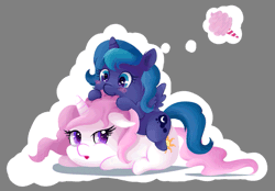 Size: 737x513 | Tagged: safe, artist:azura_inalis, princess celestia (mlp), princess luna (mlp), alicorn, equine, fictional species, mammal, pony, feral, friendship is magic, hasbro, my little pony, 2014, animated, cotton candy, cute, duo, duo female, female, females only, filly, foal, gif, nom, siblings, sister, sisters, young, younger