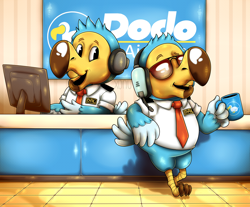 Size: 2450x2032 | Tagged: safe, artist:xonuq, orville (animal crossing), wilbur (animal crossing), bird, dodo, anthro, animal crossing, animal crossing: new horizons, nintendo, 2020, brother, brothers, coffee, coffee mug, computer, drink, duo, duo male, feathers, glasses, looking at you, male, males only, siblings, sunglasses, tail, tail feathers