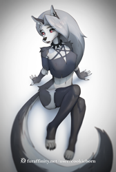 Size: 2136x3176 | Tagged: safe, artist:cookieborn, loona (vivzmind), canine, fictional species, hellhound, mammal, anthro, digitigrade anthro, hazbin hotel, helluva boss, 2022, brown eyes, clothes, ears, female, gray hair, hair, long hair, looking at you, nipple outline, solo, solo female, tail, thighs