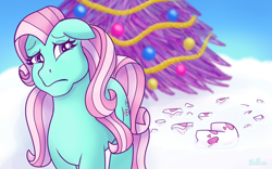Size: 1280x800 | Tagged: dead source, safe, artist:spunky-sparkle, earth pony, equine, fictional species, mammal, pony, feral, hasbro, my little pony, my little pony g3, 2d, broken, candy cane, christmas, christmas tree, conifer tree, female, fur, green body, green fur, hair, holiday, mane, mare, minty (mlp g3), multicolored hair, multicolored tail, pink hair, pink mane, pink tail, purple eyes, sad, snow, solo, solo female, tail, tree, two toned hair, two toned tail
