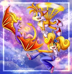 Size: 2900x3000 | Tagged: safe, artist:alyssafoxah, coco bandicoot (crash bandicoot), miles "tails" prower (sonic), spyro the dragon (spyro), bandicoot, canine, dragon, fictional species, fox, mammal, marsupial, red fox, western dragon, anthro, feral, crash bandicoot (series), sega, sonic the hedgehog (series), spyro the dragon (series), 2020, 2d, crossover, cyan eyes, dipstick tail, female, fluff, green eyes, group, male, multiple tails, orange tail, purple eyes, tail, tail fluff, trio, two tails, white tail
