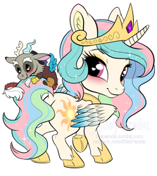 Size: 1710x1914 | Tagged: safe, artist:stepandy, discord (mlp), princess celestia (mlp), alicorn, draconequus, equine, fictional species, mammal, pony, feral, friendship is magic, hasbro, my little pony, 2018, blushing, cute, dislestia (mlp), duo, ear fluff, female, fluff, fur, hair, heart, heart eyes, male, male/female, mare, multicolored hair, multicolored mane, multicolored tail, shipping, simple background, smiling, sparkly hair, sparkly mane, sparkly tail, tail, transparent background, ungulate, white body, white fur, wingding eyes