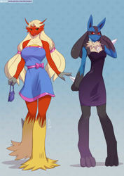 Size: 777x1100 | Tagged: safe, artist:alanscampos, blaziken, fictional species, lucario, mammal, anthro, digitigrade anthro, nintendo, pokémon, 2016, breasts, clothes, digital art, dress, duo, duo female, ears, eyelashes, female, females only, fluff, fur, hair, looking at you, neck fluff, simple background, spikes, starter pokémon, tail, thighs, wide hips