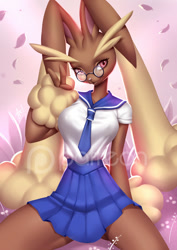 Size: 777x1100 | Tagged: safe, artist:alanscampos, fictional species, lopunny, mammal, anthro, nintendo, pokémon, 2015, arm fluff, black sclera, bottomwear, breasts, clothes, colored sclera, digital art, ear fluff, ears, eyebrows, eyelashes, female, fluff, fur, glasses, looking at you, necktie, pink nose, pose, school uniform, schoolgirl, shirt, sitting, skirt, solo, solo female, tail, thighs, topwear, wide hips