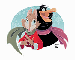 Size: 1024x820 | Tagged: safe, artist:brisbybraveheart, jeremy crow (the secret of nimh), mrs. brisby (the secret of nimh), bird, corvid, crow, mammal, mouse, rodent, songbird, feral, semi-anthro, sullivan bluth studios, the secret of nimh, 2020, 2d, christmas, duo, female, field mouse, holiday, male, murine