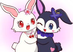 Size: 1094x782 | Tagged: safe, artist:ピス・ピース, luea (jewelpet), ruby (jewelpet), arthropod, butterfly, insect, lagomorph, mammal, rabbit, semi-anthro, jewelpet (sanrio), sanrio, 2017, duo, duo female, ears, female, females only, flower, flower in hair, hair, hair accessory, plant, tail