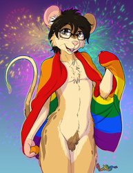 Size: 1300x1682 | Tagged: safe, artist:punkpega, oc, oc only, oc:pega (punkpega), mammal, mouse, rodent, anthro, 2022, chest fluff, featureless crotch, femboy, fireworks, fluff, glasses, male, open mouth, pride flag, pubic fluff, solo, solo male, whiskers