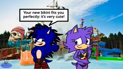 Size: 1753x986 | Tagged: safe, artist:mrstheartist, oc, oc only, oc:soneb the hedgehog, oc:violet the hedgehog, hedgehog, mammal, anthro, sega, sonic the hedgehog (series), 2022, bikini, black outline, blushing, bone, clothes, couple, duo, female, male, mixed media, skull, sonet (sonic oc), speech bubble, swimsuit, thumbs up, water park