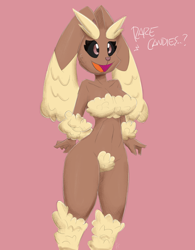 Size: 2000x2560 | Tagged: suggestive, artist:flutterthrash, fictional species, lagomorph, lopunny, mammal, rabbit, anthro, nintendo, pokémon, 2022, arm fluff, belly button, black sclera, breast fluff, breasts, colored sclera, dialogue, digital art, ear fluff, ears, eyebrows, eyelashes, female, fluff, fur, leg fluff, open mouth, pink nose, pubic fluff, simple background, solo, solo female, tail, talking, text, thighs, tongue, wide hips