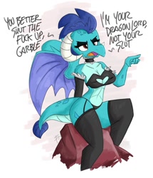 Size: 1101x1280 | Tagged: suggestive, artist:flutterthrash, princess ember (mlp), dragon, fictional species, western dragon, anthro, friendship is magic, hasbro, my little pony, 2020, bedroom eyes, belly button, boob window, bra, breasts, clothes, dialogue, digital art, dragon wings, dragoness, ears, evening gloves, eyelashes, female, gloves, goth, hair, horns, legwear, lingerie, long gloves, open mouth, panties, pointing, pose, simple background, sitting, solo, solo female, stockings, tail, talking, text, thighs, tongue, underwear, vulgar, white background, wide hips