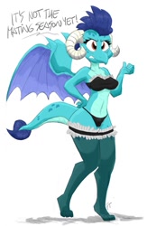 Size: 833x1280 | Tagged: suggestive, artist:flutterthrash, princess ember (mlp), dragon, fictional species, western dragon, anthro, digitigrade anthro, friendship is magic, hasbro, my little pony, 2019, belly button, bra, breasts, clothes, dialogue, digital art, dragon wings, dragoness, ears, eyelashes, female, hair, horns, legwear, lingerie, panties, pose, simple background, solo, solo female, stockings, tail, talking, text, thighs, underwear, white background, wide hips