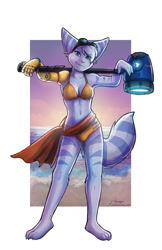 Size: 828x1280 | Tagged: safe, artist:teawitchcrafts, rivet (r&c), fictional species, lombax, mammal, anthro, digitigrade anthro, ratchet & clank, 2020, armpits, beach, belly button, bikini, breasts, clothes, digital art, ear piercing, ears, eyelashes, female, fur, goggles, goggles on head, hair, ocean, piercing, pink nose, pose, prosthetic arm, prosthetics, sand, sarong, sky, solo, solo female, swimsuit, tail, thighs, water, weapon, wide hips