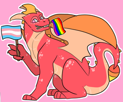 Size: 1800x1500 | Tagged: safe, artist:pawscribbles, flame the dragon (spyro), dragon, fictional species, reptile, scaled dragon, western dragon, feral, spyro the dragon (series), 2017, flag, ftm transgender, gay pride flag, gesture, holding, holding object, looking at you, mouth hold, outline, pink background, pride flag, red body, simple background, sitting, solo, transgender, transgender pride flag, v sign, webbed wings, white outline, wings