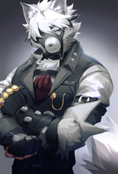 Size: 2345x3456 | Tagged: safe, artist:shabi96522, von lycaon (zzz), canine, mammal, wolf, anthro, 2022, butler, chest fluff, clothes, digital art, finger ring, fingerless gloves, fluff, fur, gloves, gray eyes, grey nose, hair, half body, kemono, male, muscles, muscular male, narrowed eyes, simple background, solo, solo male, teeth, video game, white body, white fur, white hair, zenless zone zero