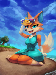 Size: 1080x1440 | Tagged: safe, artist:general-irrelevant, audie (animal crossing), canine, mammal, wolf, anthro, animal crossing, animal crossing: new horizons, nintendo, 2022, female, front view, glasses, glasses on head, looking at you, open mouth, solo, solo female, sunglasses, sunglasses on head, three-quarter view