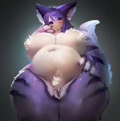 Size: 4072x4096 | Tagged: safe, artist:museuk, cat, feline, mammal, anthro, 2022, big belly, breasts, featureless breasts, featureless crotch, female, fluff, huge breasts, pubic fluff, solo, solo female, thick thighs, thighs, wide hips