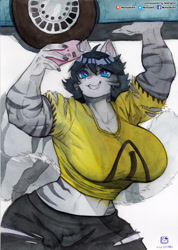 Size: 2481x3475 | Tagged: safe, artist:murazaki9, big cat, feline, mammal, tiger, anthro, 2022, breasts, car, cell phone, female, huge breasts, muscles, muscular female, phone, selfie, solo, solo female, vehicle, watercolor painting, wide hips