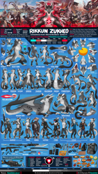 Size: 3600x6400 | Tagged: safe, artist:thanshuhai, oc, oc only, oc:rikkun (thanshuhai), bird, canine, crocodilian, dragon, feline, fictional species, fish, hybrid, mammal, protogen, reptile, sergal, shark, snake, anthro, feral, naga, 2022, aircraft, ak-74m, alternate design, armor, assault rifle, backpack, bicycle, blep, body armor, bottle, bracelet, camera, cape, character name, cheese, chiappa rhino, chibi, city, clothes, color palette, container, dagger, digital art, digital painting, dog tag, english text, expressions, fire, fire breathing, flashbang, food, fur, gray body, gray fur, grenade, gun, gunship, hair, handgun, hat, headwear, high res, jeans, jewelry, jumping, katana, leg wraps, looking at you, looking back, looking back at you, lying down, male, military uniform, mug, noodles, on back, open mouth, outfit, owo, pants, pixel art, polearm, ramen, reference sheet, revolver, rifle, scabbard, self paradox, sharp teeth, sitting, sketchbook, slit pupils, smiling, soldier, solo, solo male, species swap, suit, sword, tail, tank top, tape measure, teeth, text, tongue, tongue out, topwear, uniform, vehicle, wall of tags, wallet, warrior, weapon, wraps