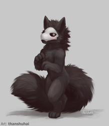 Size: 1112x1280 | Tagged: safe, artist:thanshuhai, puro (changed), canine, mammal, anthro, digitigrade anthro, changed (game), 2022, big tail, black body, black fur, blushing, bone, complete nudity, digital art, digital painting, featureless crotch, fluff, fur, male, nudity, paws, pubic fluff, signature, skull, solo, solo male, tail, tail fluff