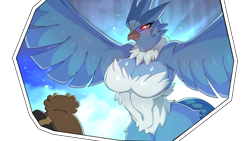 Size: 1920x1080 | Tagged: safe, artist:drunk_oak, articuno, bibarel, fictional species, legendary pokémon, anthro, nintendo, pokémon, 2022, beak, bedroom eyes, belly button, big breasts, blushing, breasts, digital art, duo, ears, feathered wings, feathers, female, fluff, glowing, glowing eyes, hair, looking at each other, male, neck fluff, simple background, tail, thighs, transparent background, wide hips, winged arms, wings